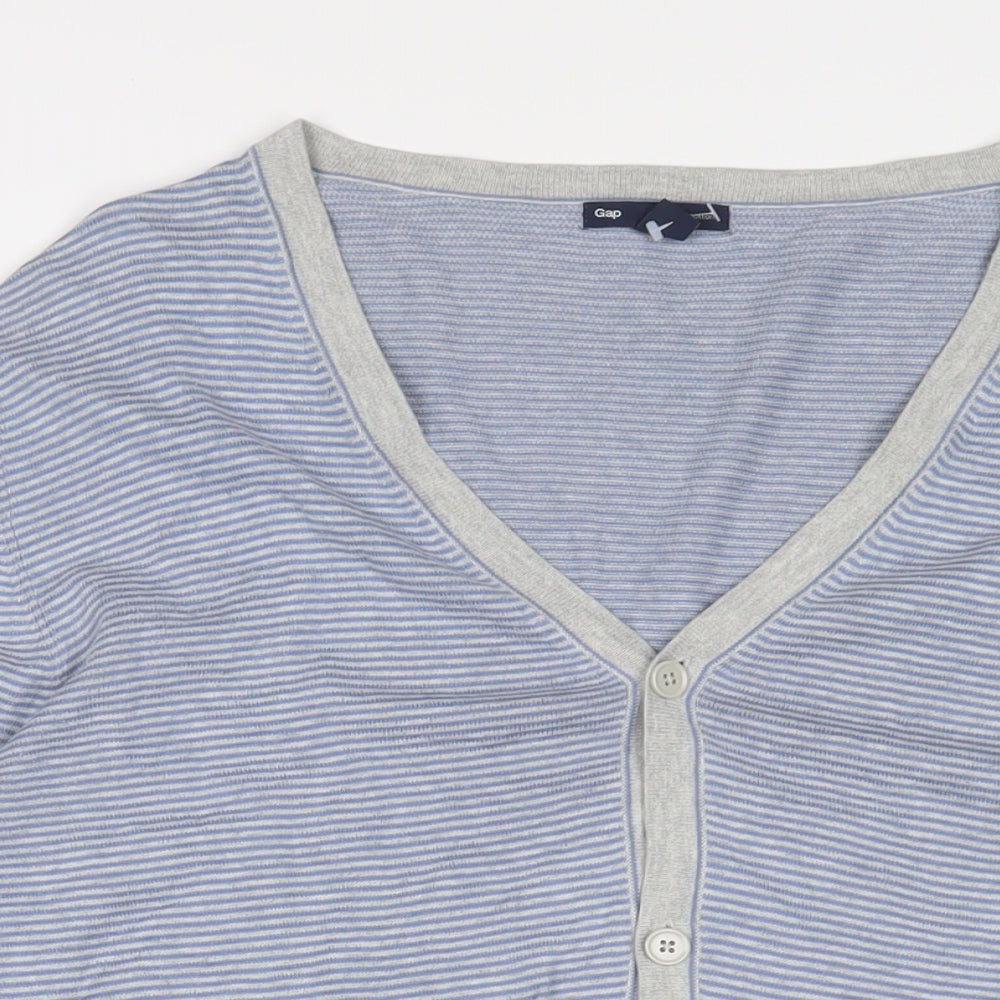 Gap Mens Blue V-Neck Striped Cotton Cardigan Jumper Size L Long Sleeve