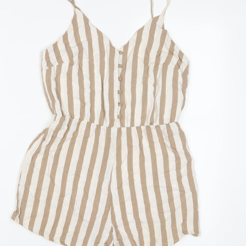 Stradivarius Womens Brown Striped Linen Playsuit One-Piece Size S Button