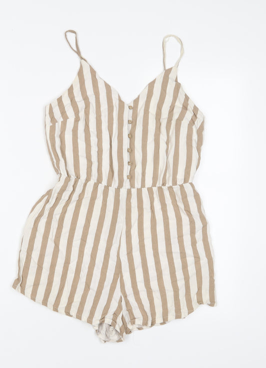 Stradivarius Womens Brown Striped Linen Playsuit One-Piece Size S Button