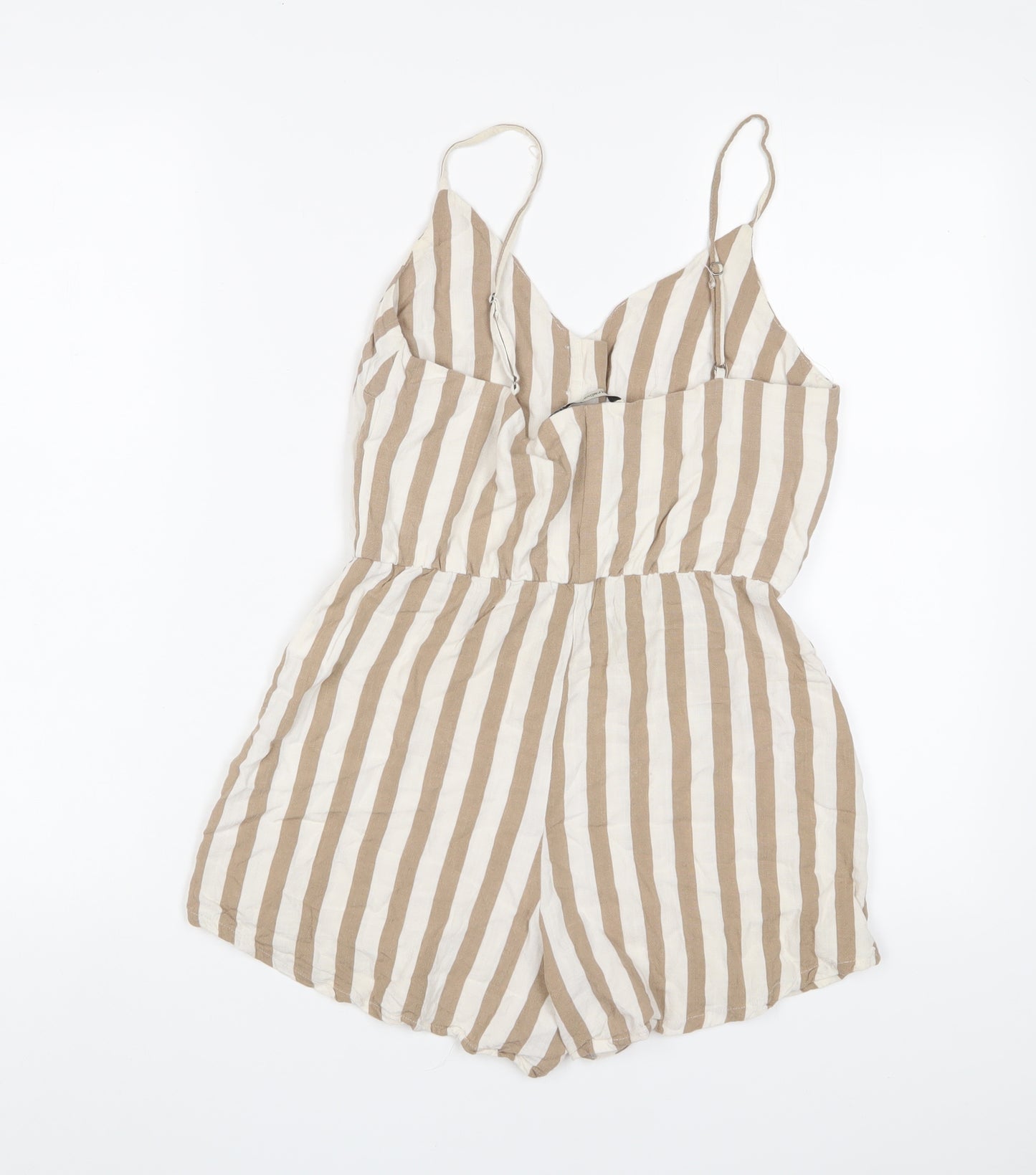 Stradivarius Womens Brown Striped Linen Playsuit One-Piece Size S Button