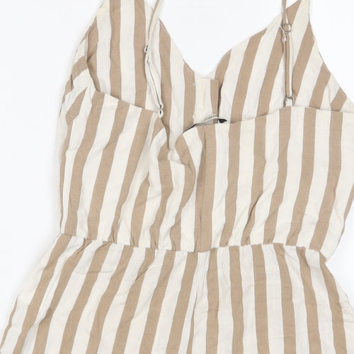 Stradivarius Womens Brown Striped Linen Playsuit One-Piece Size S Button