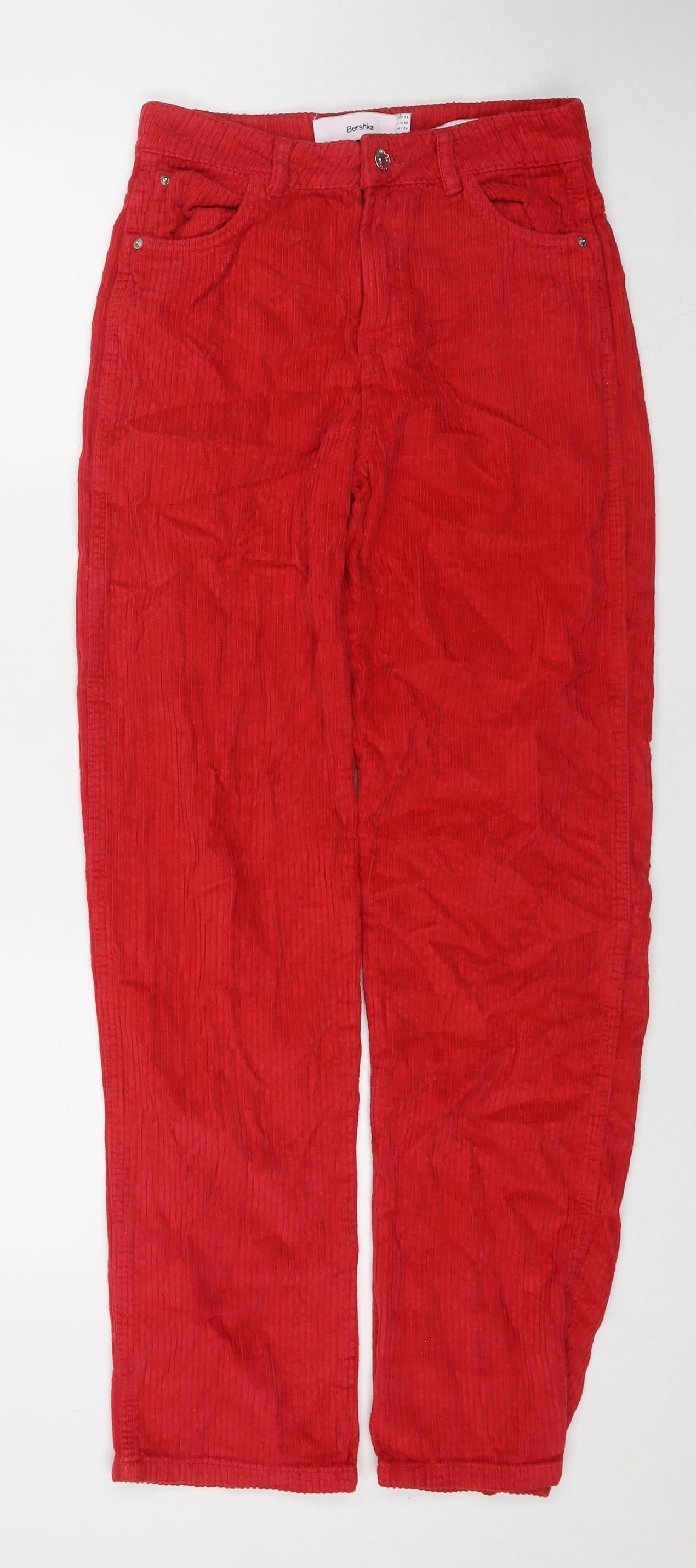 Bershka Womens Red Cotton Trousers Size 6 L30 in Regular Zip