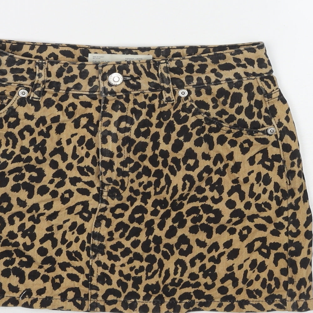 Topshop Womens Brown Animal Print Cotton Mini Skirt Size 6 Zip - Leopard Print