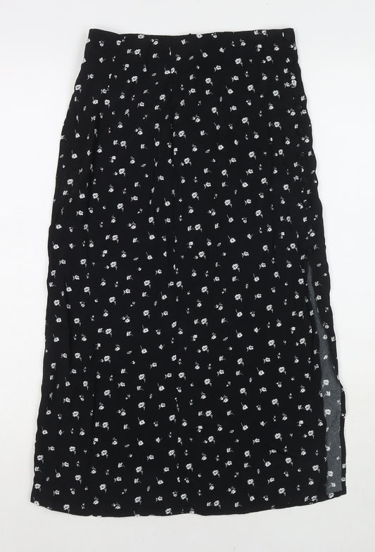 Divided by H&M Womens Black Floral Viscose A-Line Skirt Size 6 Zip - Side Slit(s)