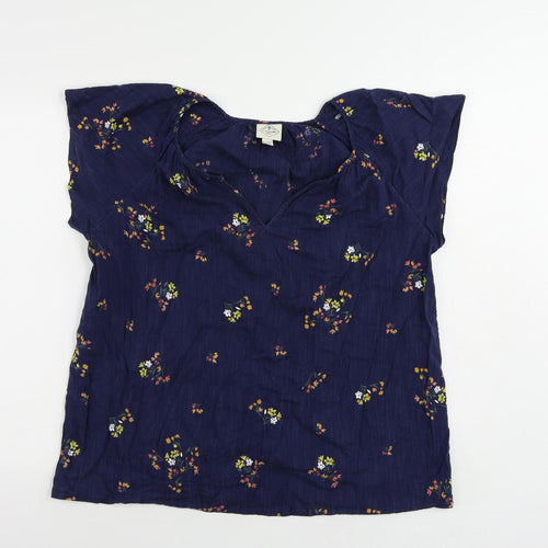 St John's Bay Womens Blue Floral Cotton Basic Blouse Size L V-Neck