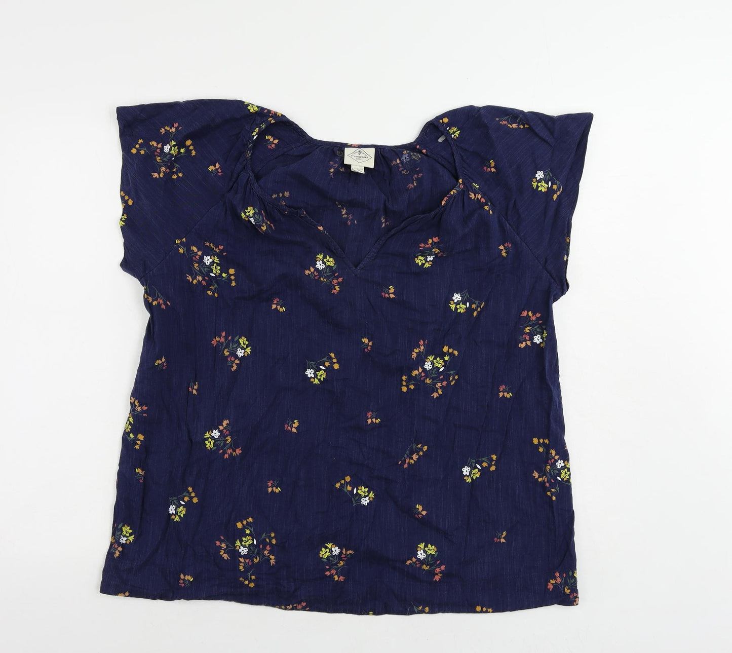 St John's Bay Womens Blue Floral Cotton Basic Blouse Size L V-Neck