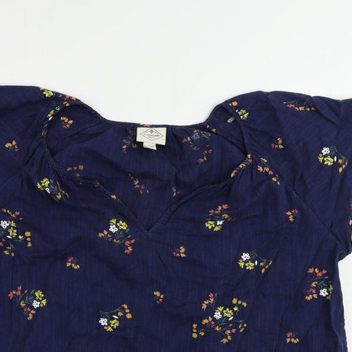 St John's Bay Womens Blue Floral Cotton Basic Blouse Size L V-Neck