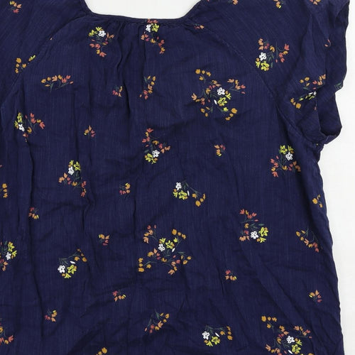 St John's Bay Womens Blue Floral Cotton Basic Blouse Size L V-Neck