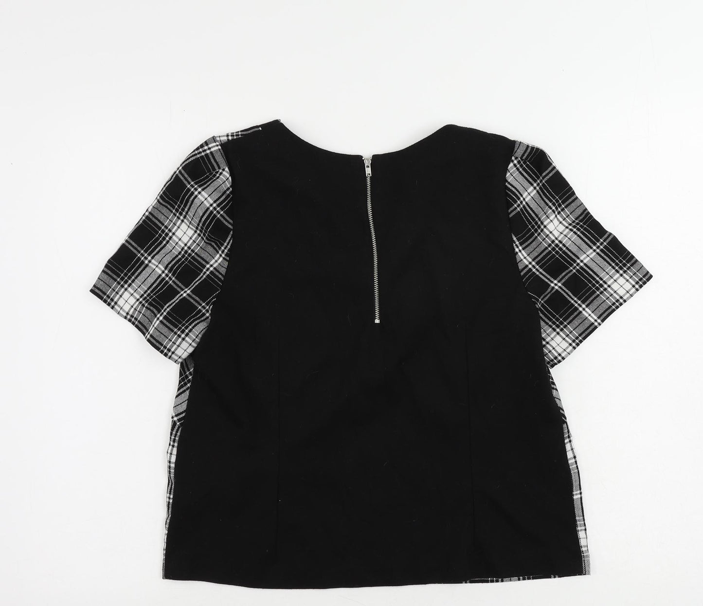 Oasis Womens Black Plaid Polyester Basic Blouse Size 14 Round Neck