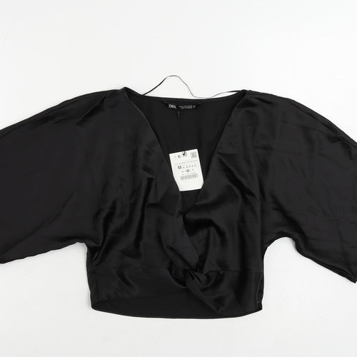 Zara Womens Black Polyester Cropped Blouse Size M V-Neck - Knot Detail