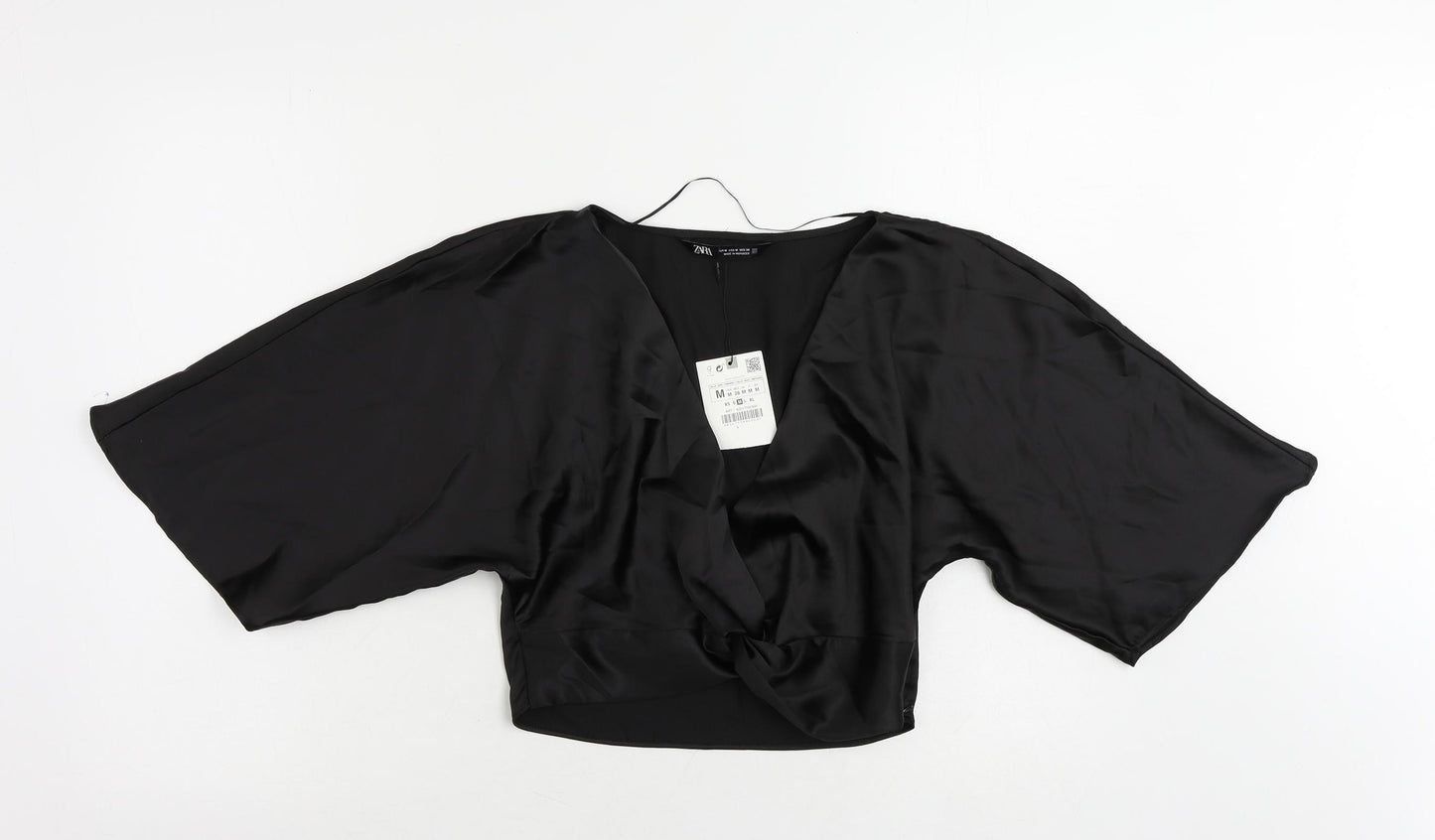 Zara Womens Black Polyester Cropped Blouse Size M V-Neck - Knot Detail