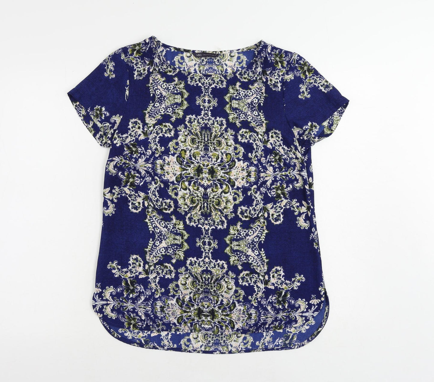 Marks and Spencer Womens Blue Paisley Polyester Basic Blouse Size 8 Boat Neck