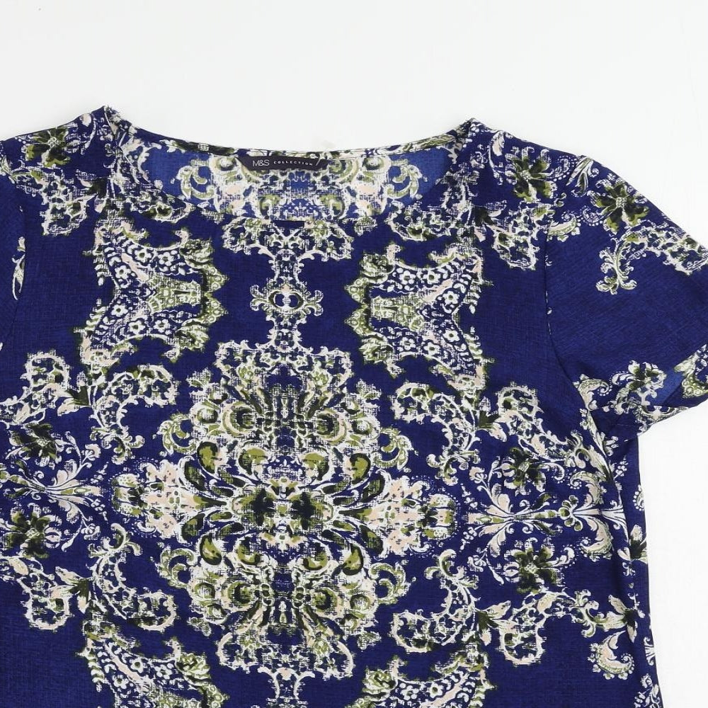 Marks and Spencer Womens Blue Paisley Polyester Basic Blouse Size 8 Boat Neck