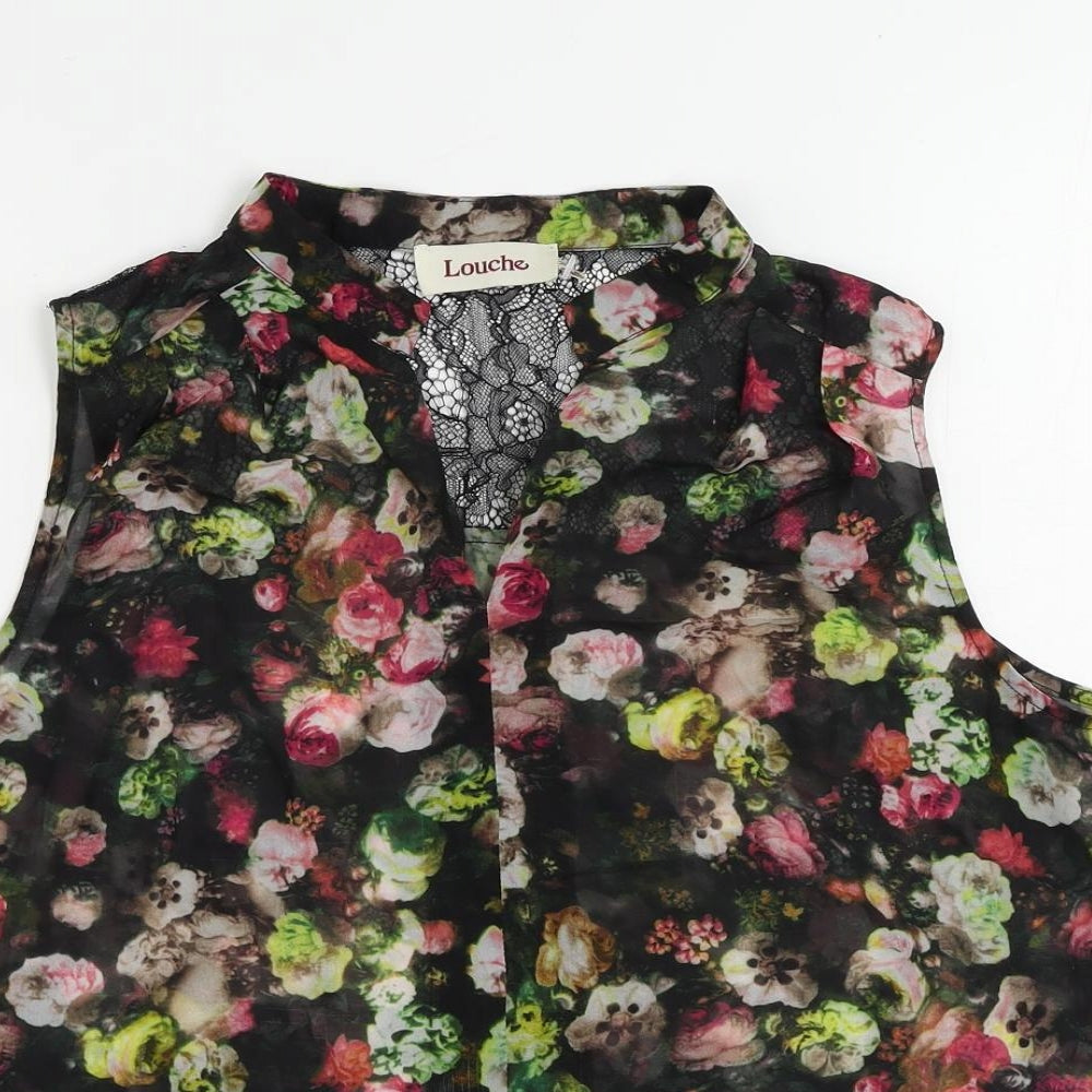 Louche Womens Black Floral Polyester Basic Blouse Size 14 V-Neck - Sheer Lace Detail