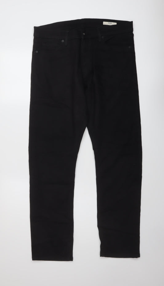 Marks and Spencer Mens Black Cotton Straight Jeans Size 36 in L31 in Slim Button