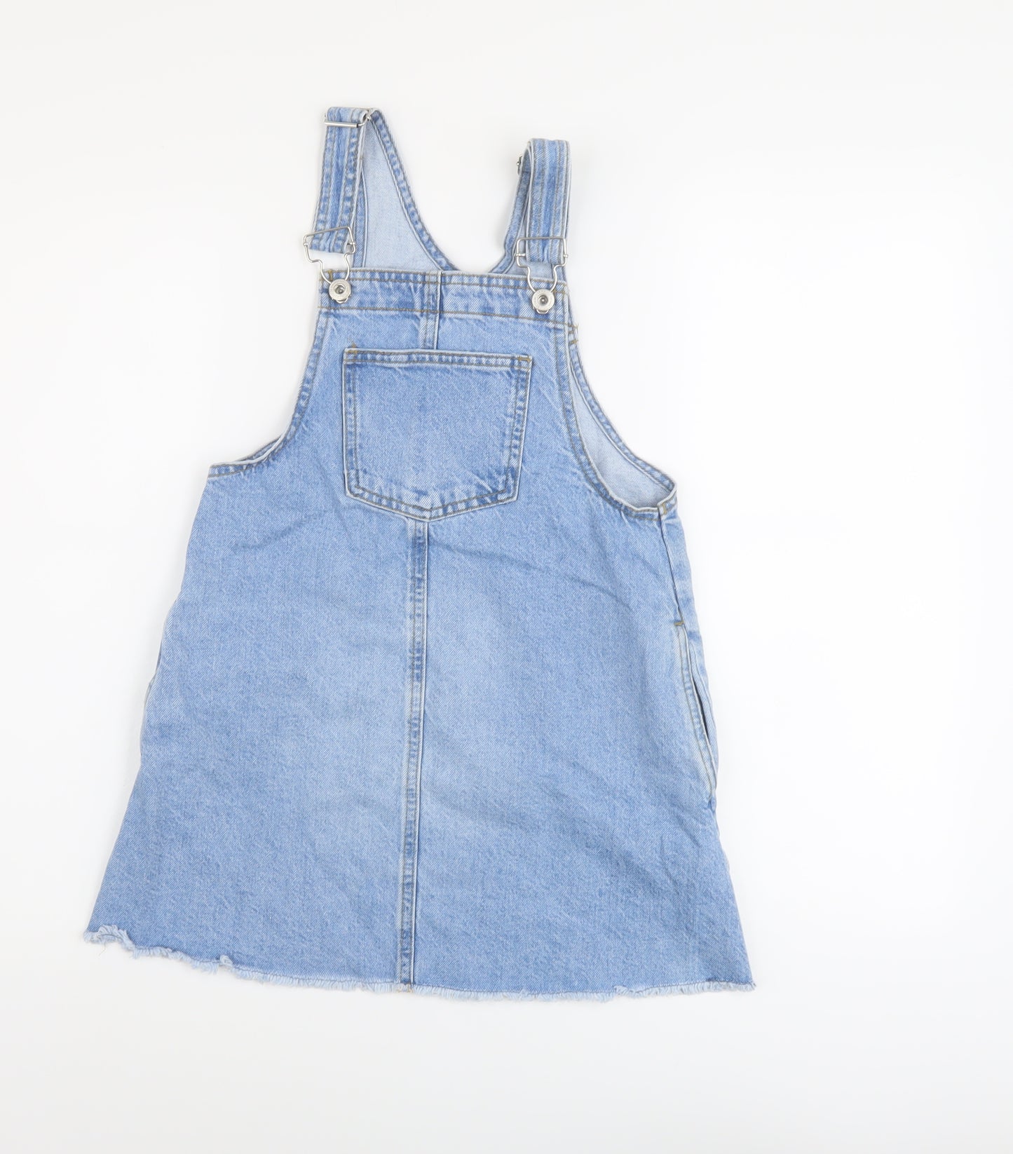 Zara Girls Blue Cotton Pinafore/Dungaree Dress Size 9 Years Square Neck Button