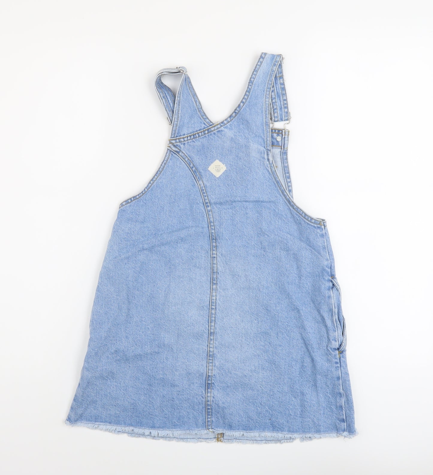 Zara Girls Blue Cotton Pinafore/Dungaree Dress Size 9 Years Square Neck Button