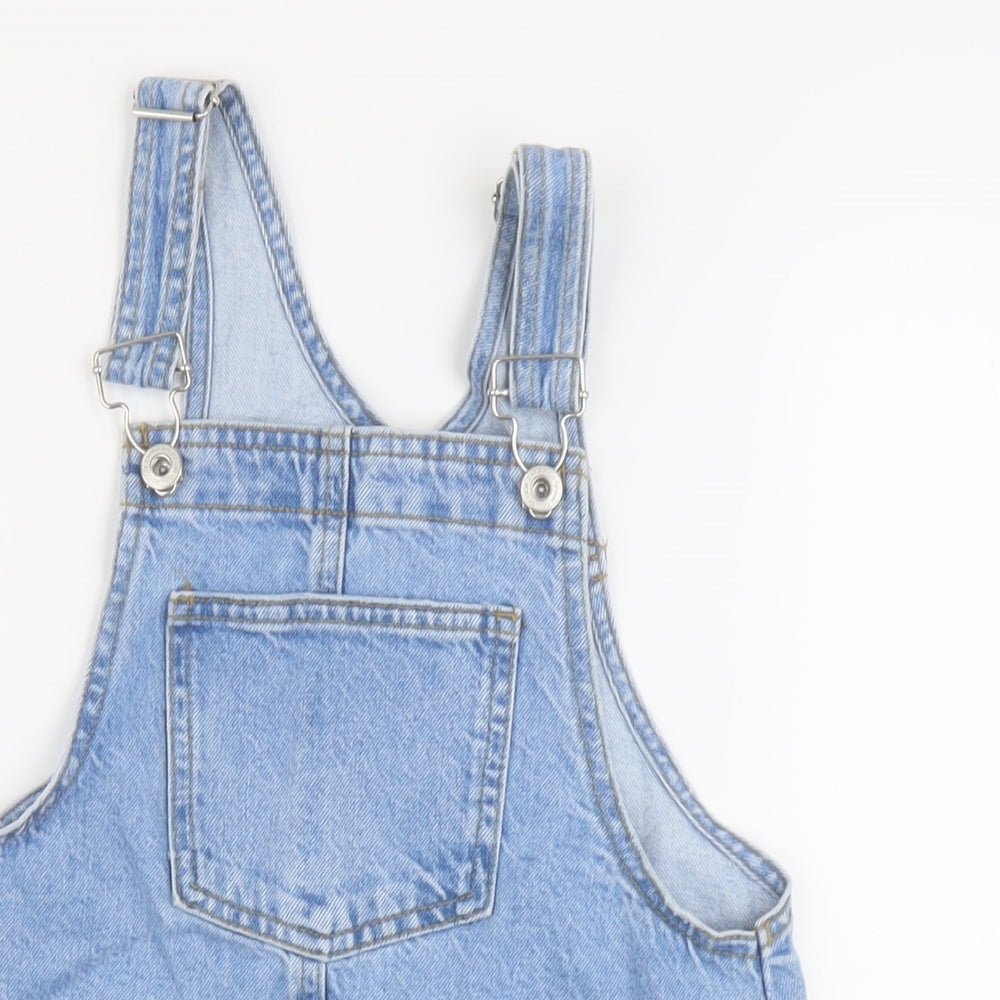 Zara Girls Blue Cotton Pinafore/Dungaree Dress Size 9 Years Square Neck Button