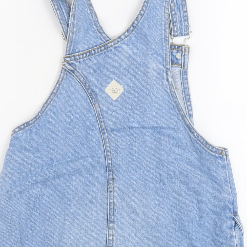 Zara Girls Blue Cotton Pinafore/Dungaree Dress Size 9 Years Square Neck Button