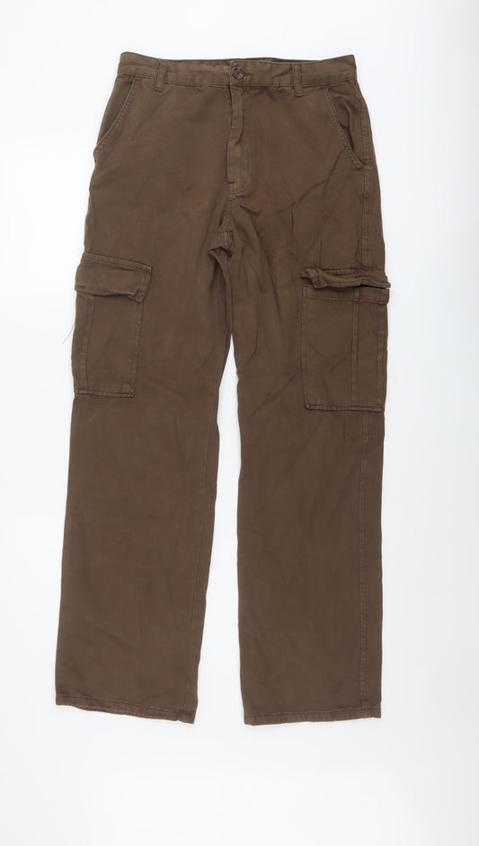 Stradivarius Womens Brown Cotton Cargo Trousers Size 12 L30 in Regular Button