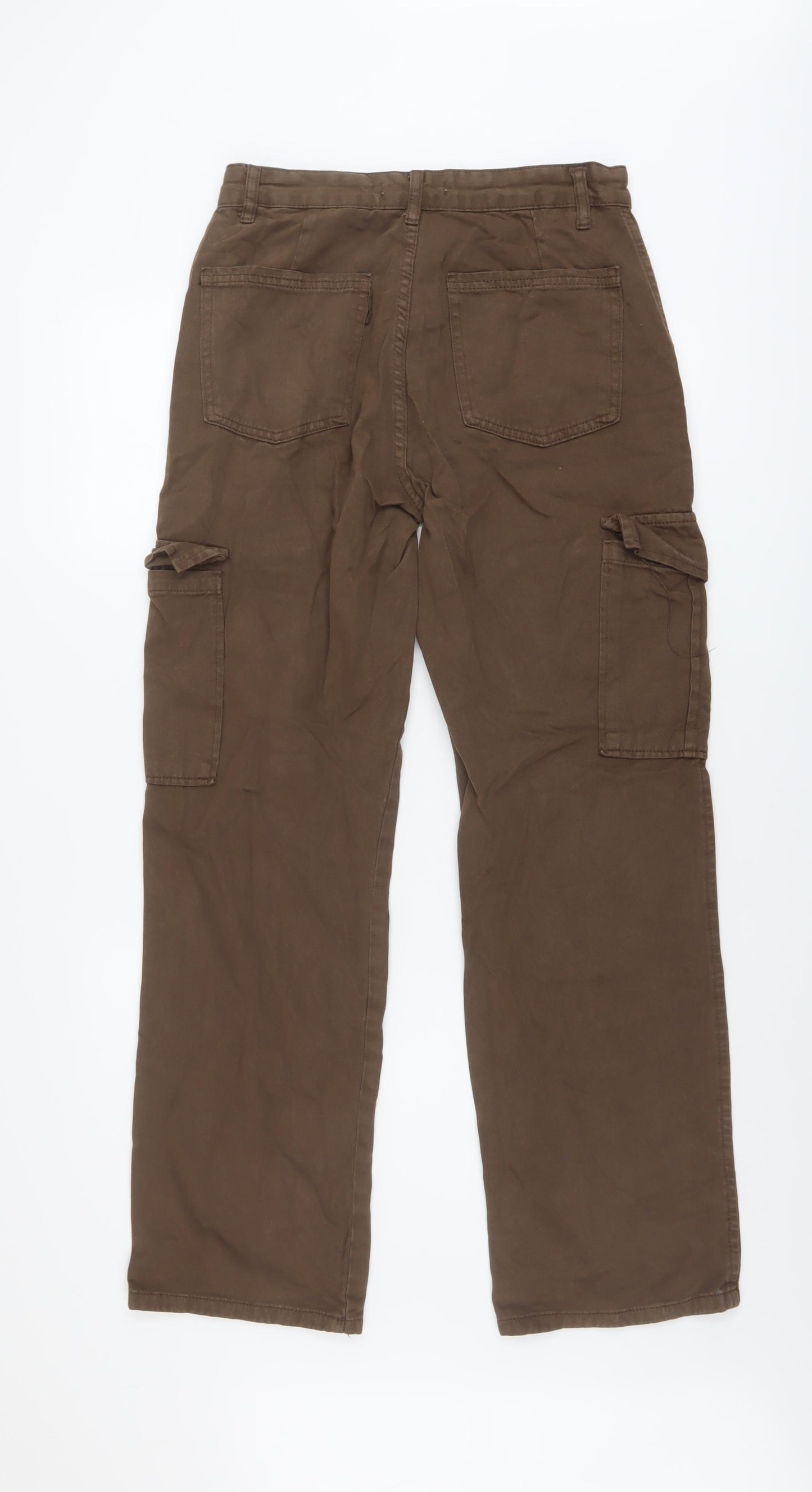 Stradivarius Womens Brown Cotton Cargo Trousers Size 12 L30 in Regular Button