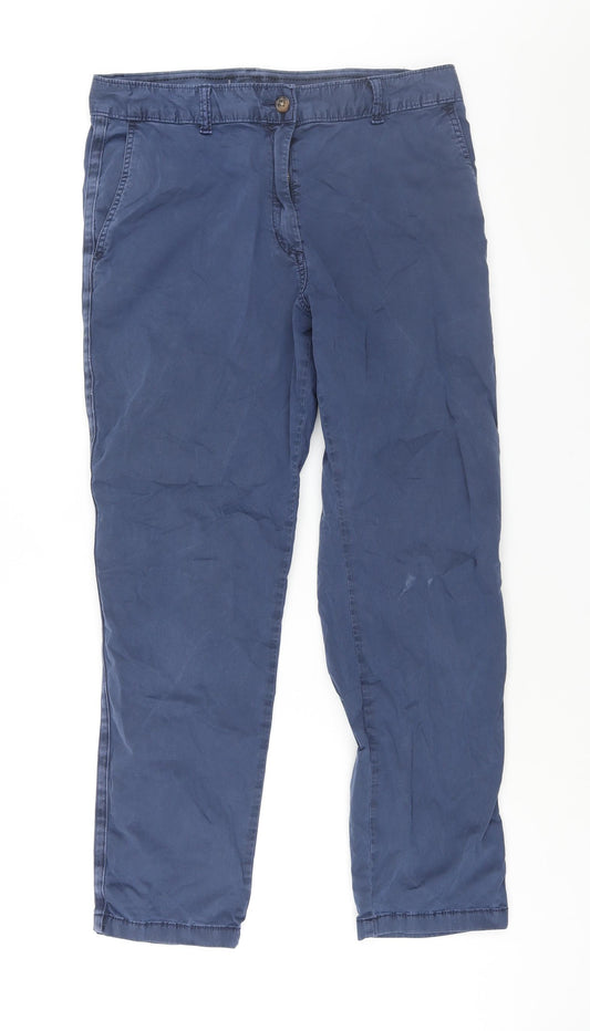 Marks and Spencer Womens Blue Cotton Chino Trousers Size 12 L28 in Regular Zip - Taped Sides