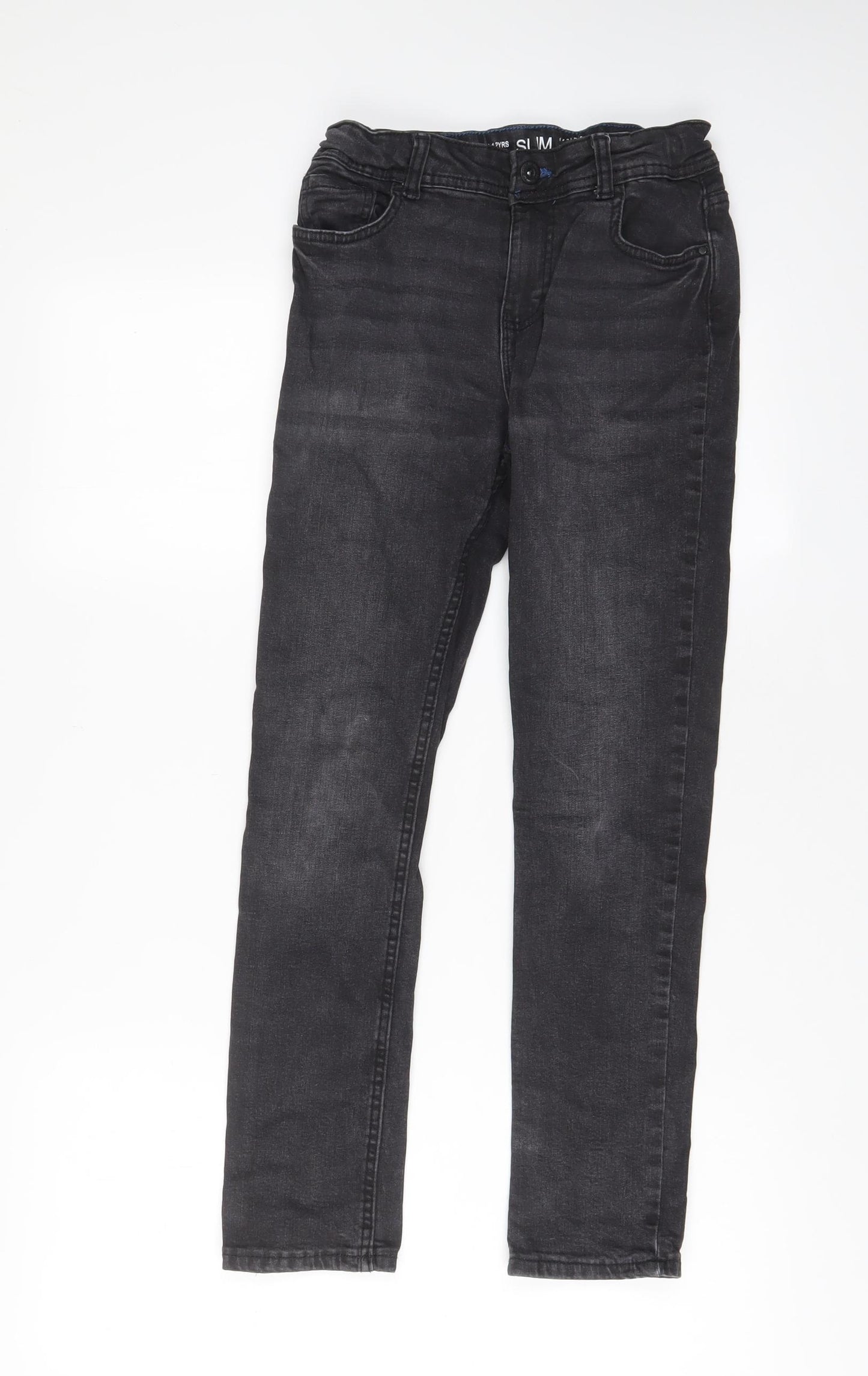 Denim & Co. Boys Grey Cotton Straight Jeans Size 11-12 Years L25 in Slim Zip - Adjustable waist, Pockets