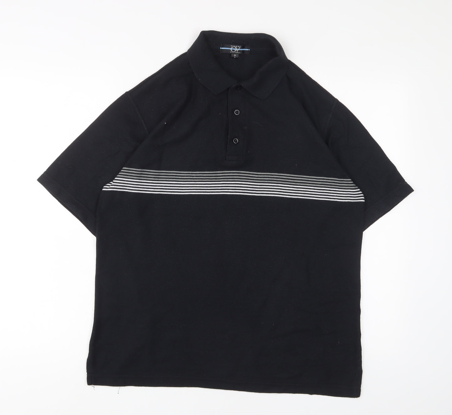 Gianni Vitoria Mens Black Striped Polyester Polo Size M Collared Button