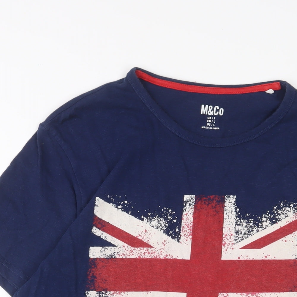 M&Co Mens Blue Cotton T-Shirt Size L Crew Neck - Britain