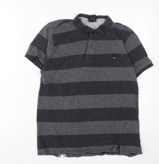 Bench Mens Grey Striped Cotton Polo Size L Collared Button