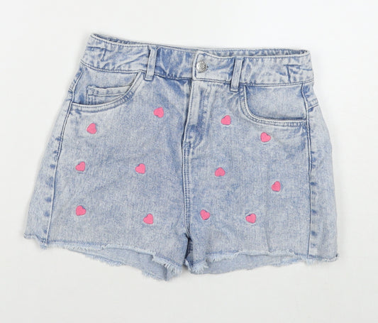 TU Girls Blue Geometric Cotton Hot Pants Shorts Size 11 Years L3 in Regular Zip - Hearts