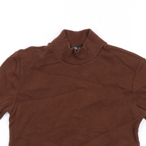 Zara Womens Brown Cotton Basic Blouse Size S Mock Neck