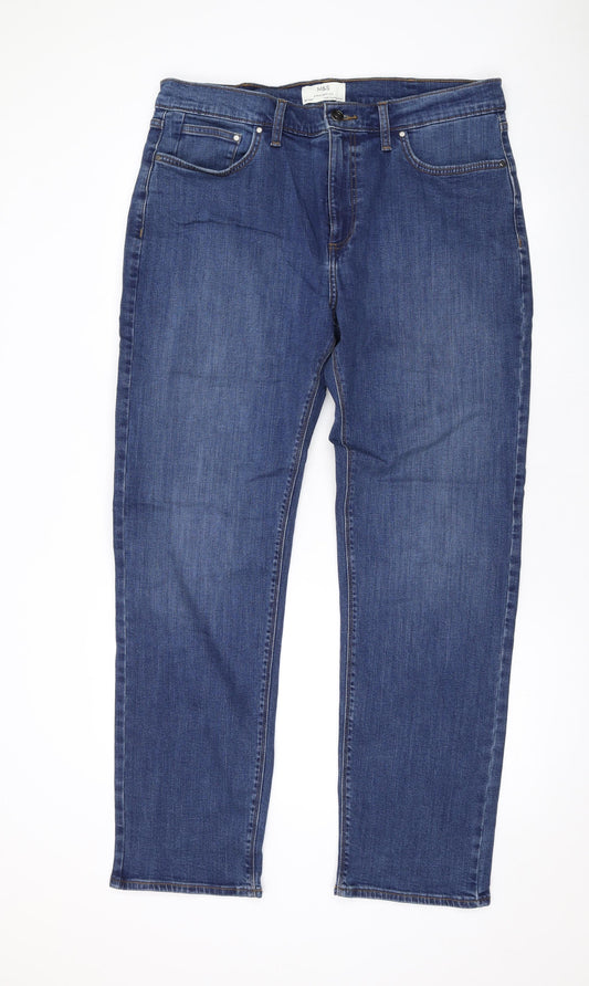 Marks and Spencer Mens Blue Cotton Straight Jeans Size 36 in L30 in Regular Zip