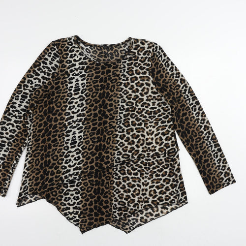 Roman Womens Brown Animal Print Polyester Basic Blouse Size 14 Round Neck - Leopard Print