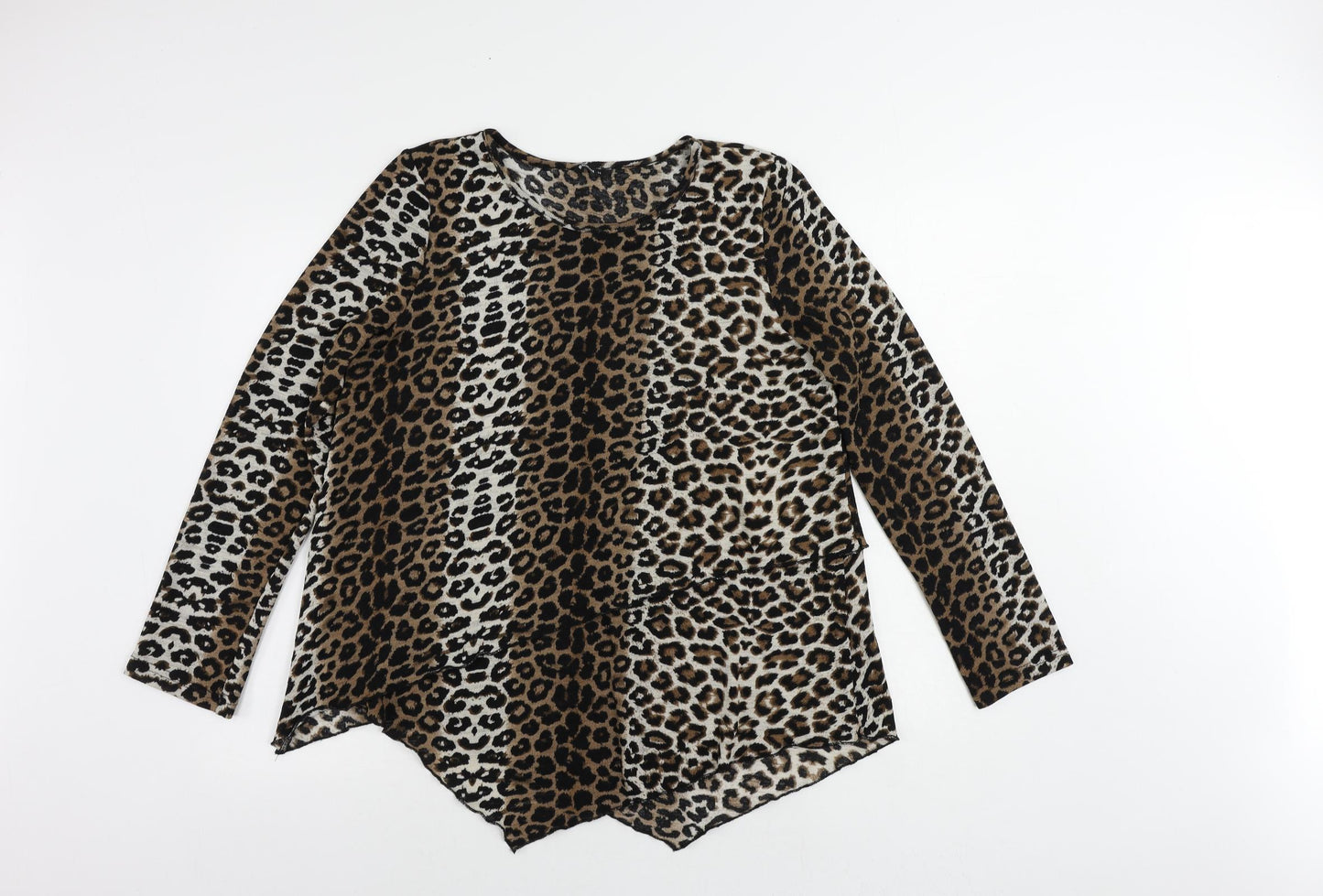 Roman Womens Brown Animal Print Polyester Basic Blouse Size 14 Round Neck - Leopard Print