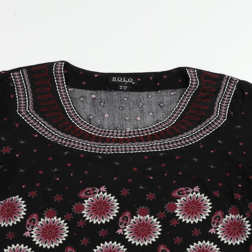 Solo Womens Black Paisley Polyester Basic Blouse Size 16 Round Neck