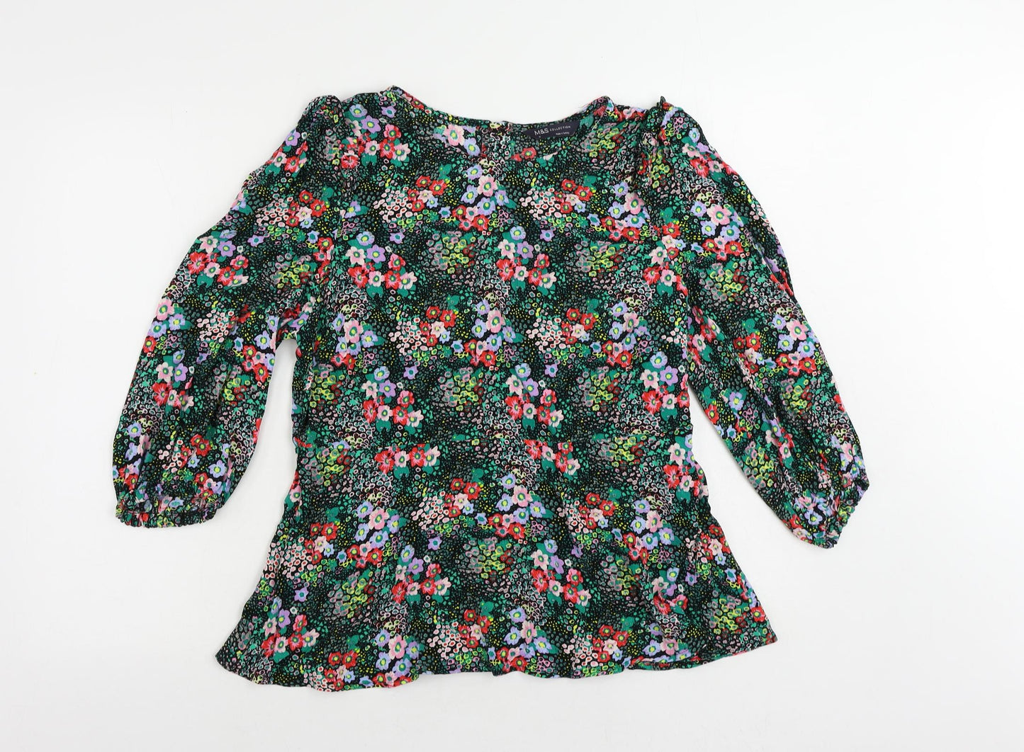 Marks and Spencer Womens Multicoloured Floral Viscose Basic Blouse Size 14 Round Neck - Ruffle