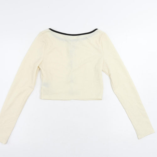 ROMWE Womens Ivory Polyester Cropped Blouse Size S Boat Neck - Bow