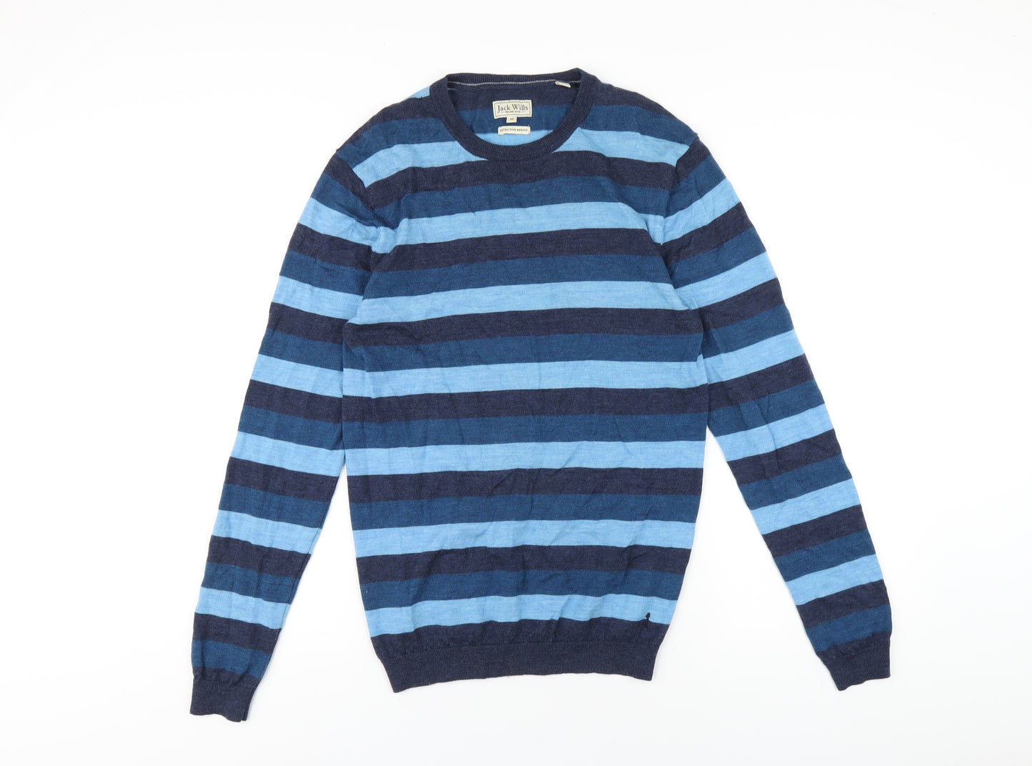 Jack Wills Mens Blue Crew Neck Striped Wool Pullover Jumper Size M Long Sleeve