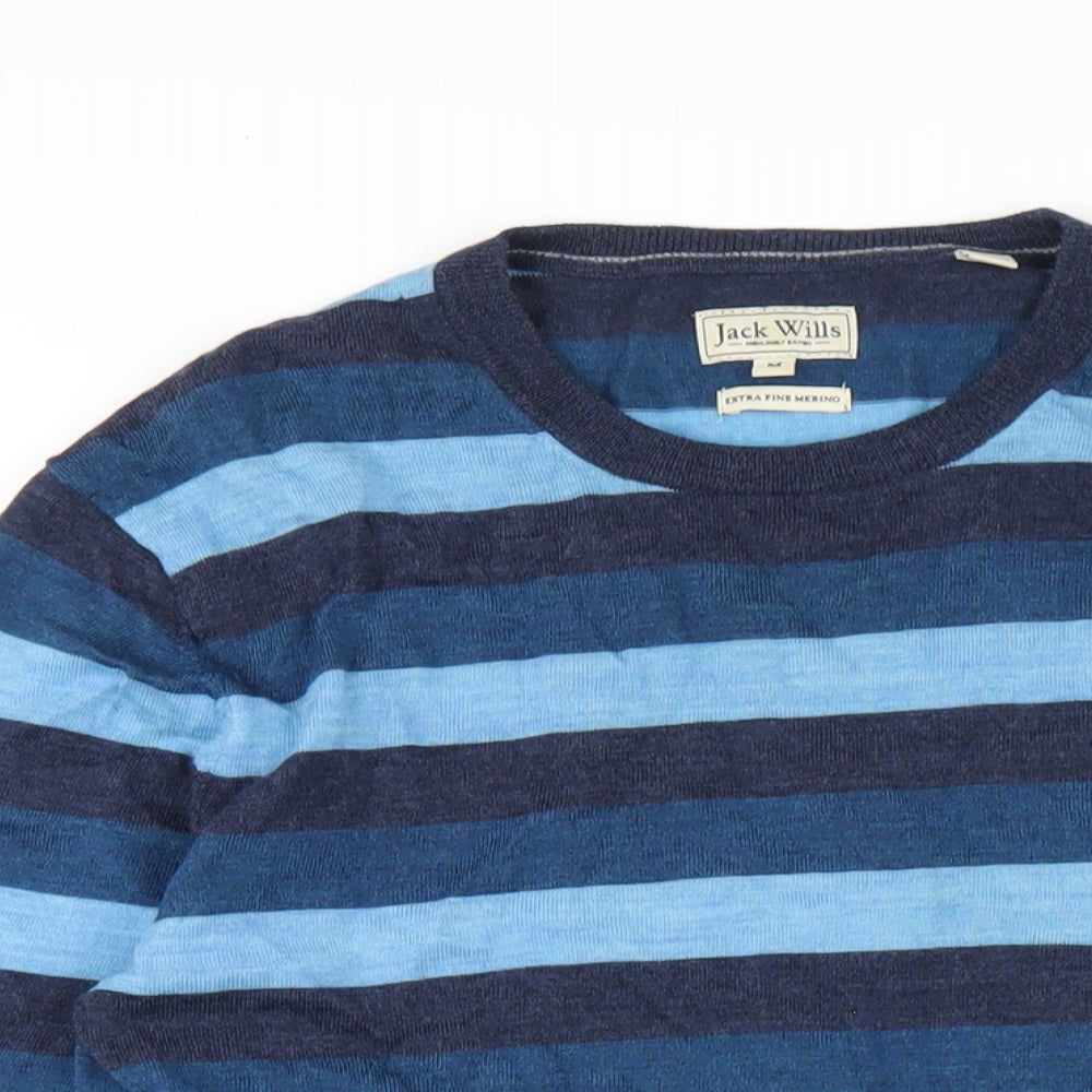 Jack Wills Mens Blue Crew Neck Striped Wool Pullover Jumper Size M Long Sleeve