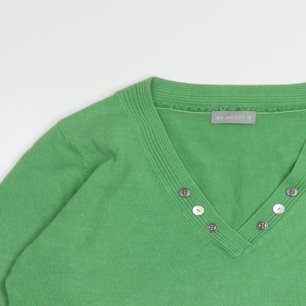 Per Una Womens Green V-Neck Acrylic Pullover Jumper Size 16