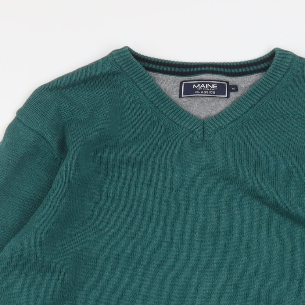 Maine Mens Green V-Neck Cotton Pullover Jumper Size M Long Sleeve