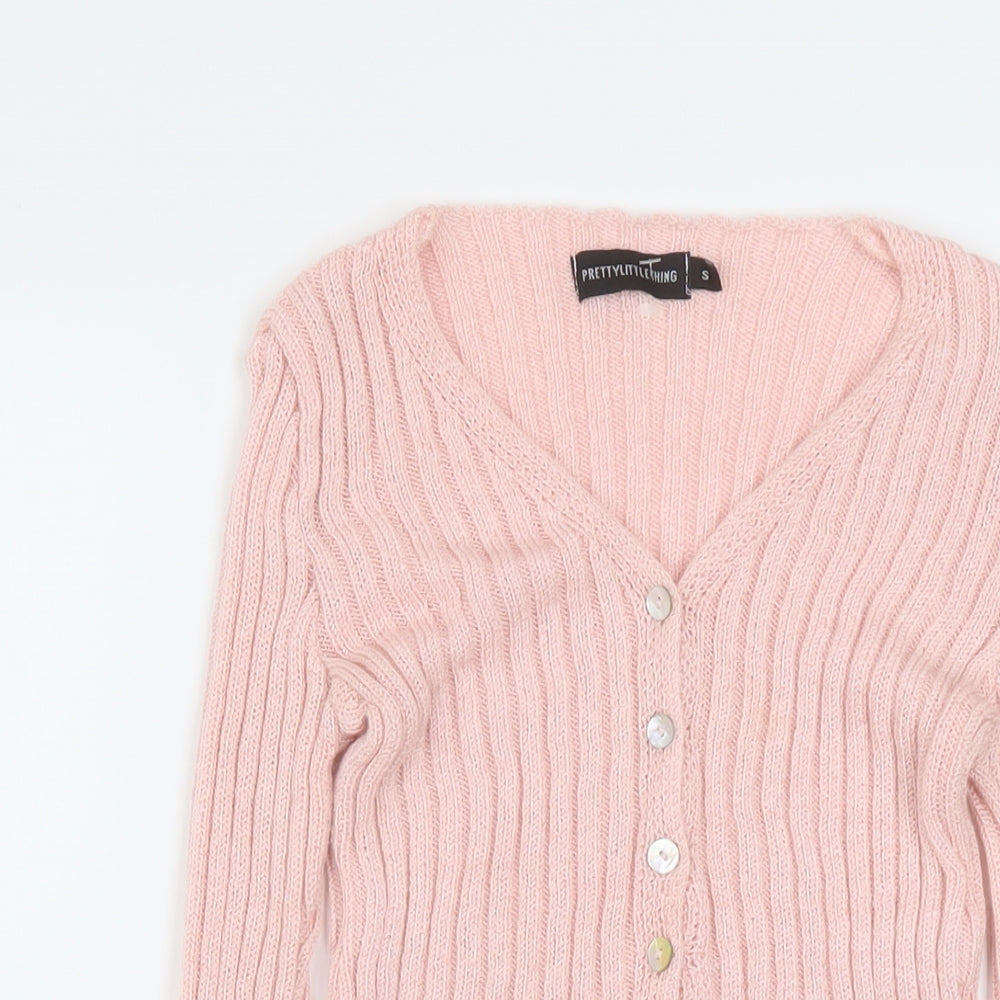 PRETTYLITTLETHING Womens Pink V-Neck Acrylic Cardigan Jumper Size S