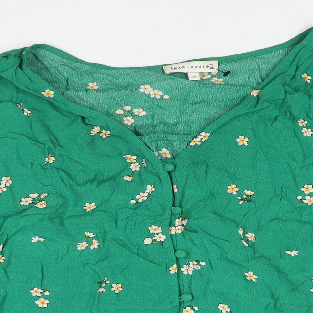 Warehouse Womens Green Floral Viscose Basic Blouse Size 14 V-Neck