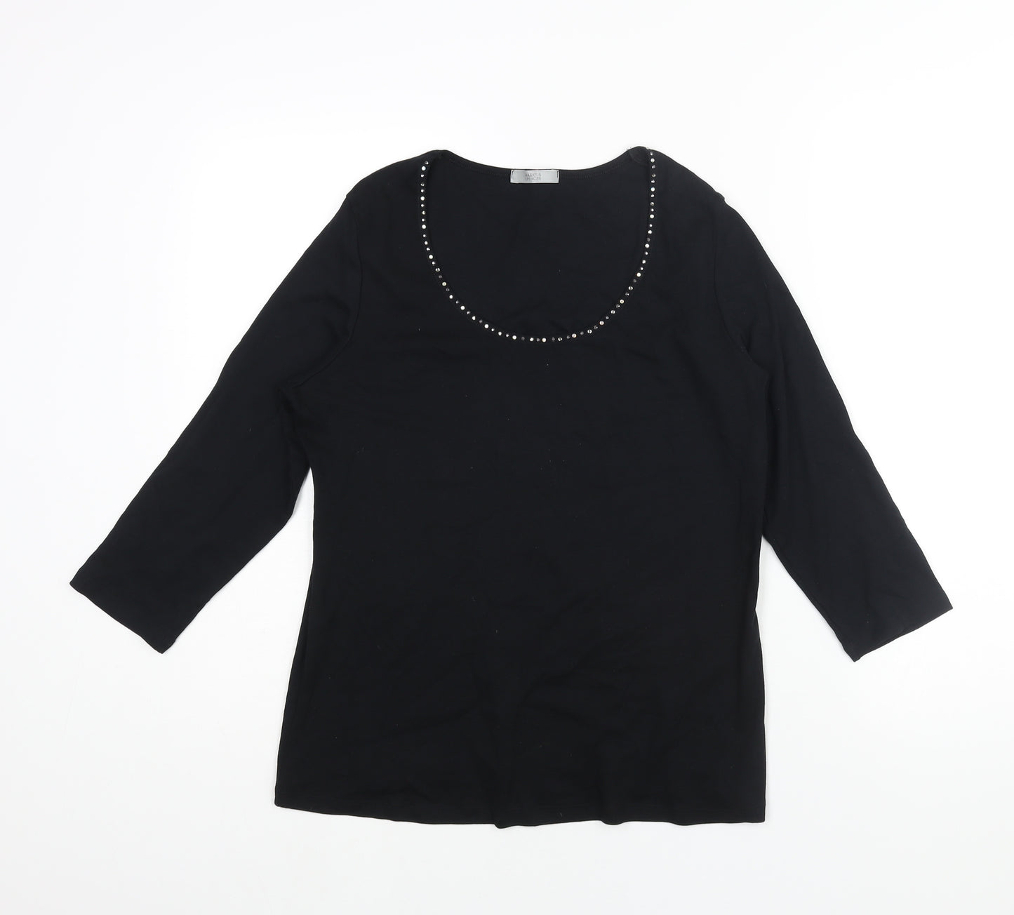 Marks and Spencer Womens Black Cotton Basic Blouse Size 16 Scoop Neck - Rhinestone Detail