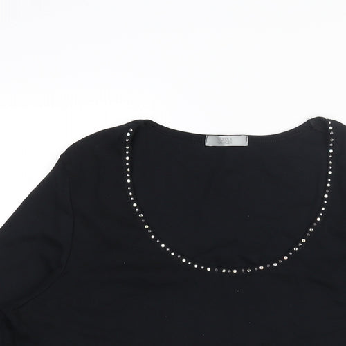 Marks and Spencer Womens Black Cotton Basic Blouse Size 16 Scoop Neck - Rhinestone Detail