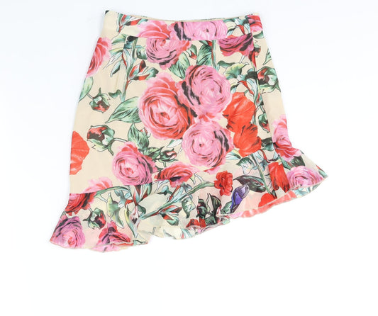 PRETTYLITTLETHING Womens Multicoloured Floral Polyester Mini Skirt Size 8 Zip - Frill Asymmetric