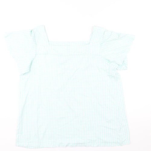 Lands' End Womens Green Check Cotton Basic Blouse Size M Square Neck