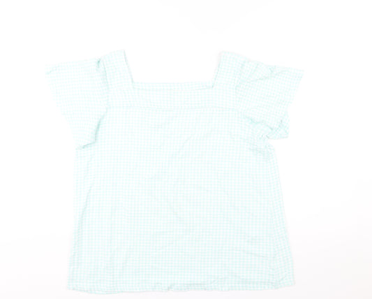 Lands' End Womens Green Check Cotton Basic Blouse Size M Square Neck