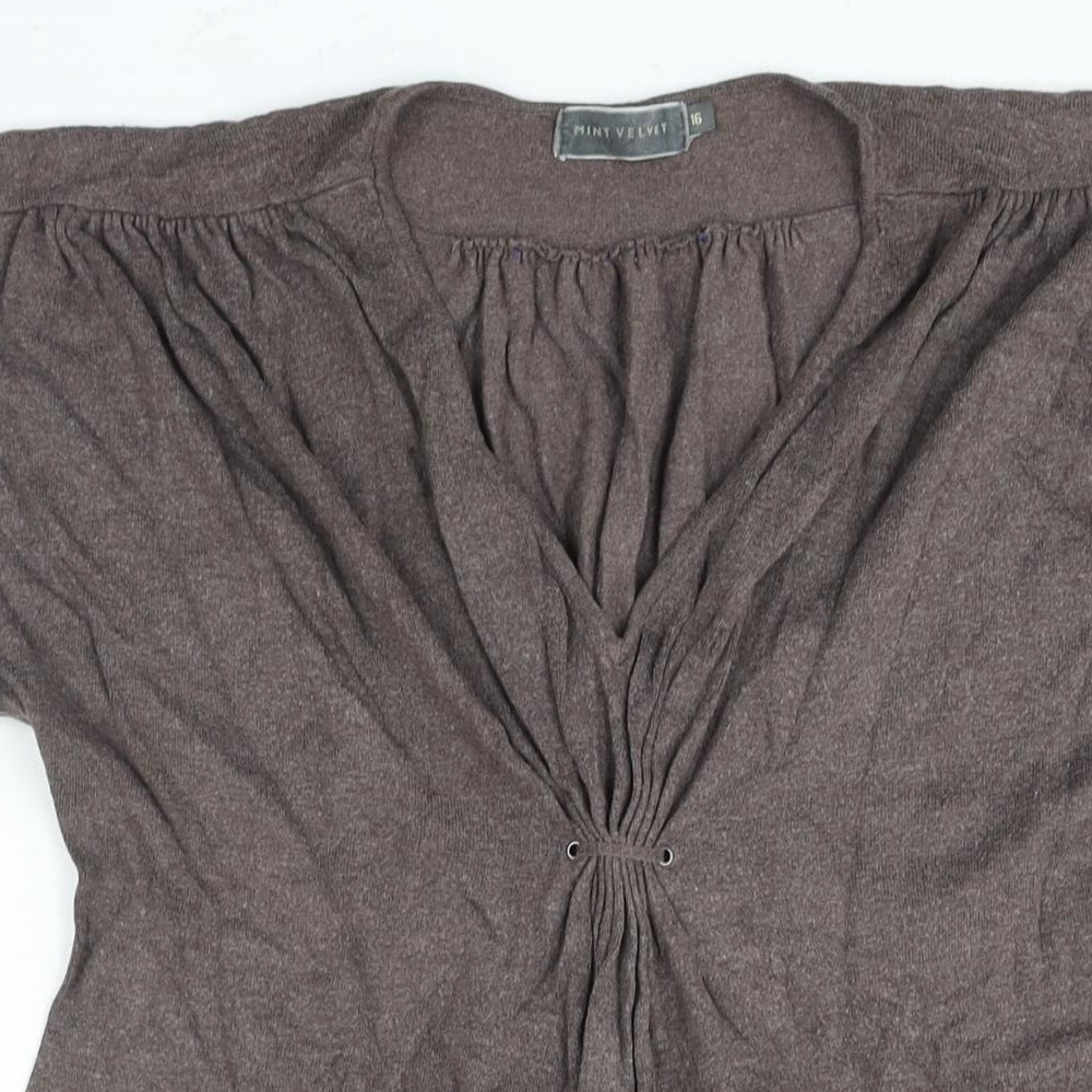 Mint Velvet Womens Brown V-Neck Viscose Pullover Jumper Size 16 - Gathered Detail